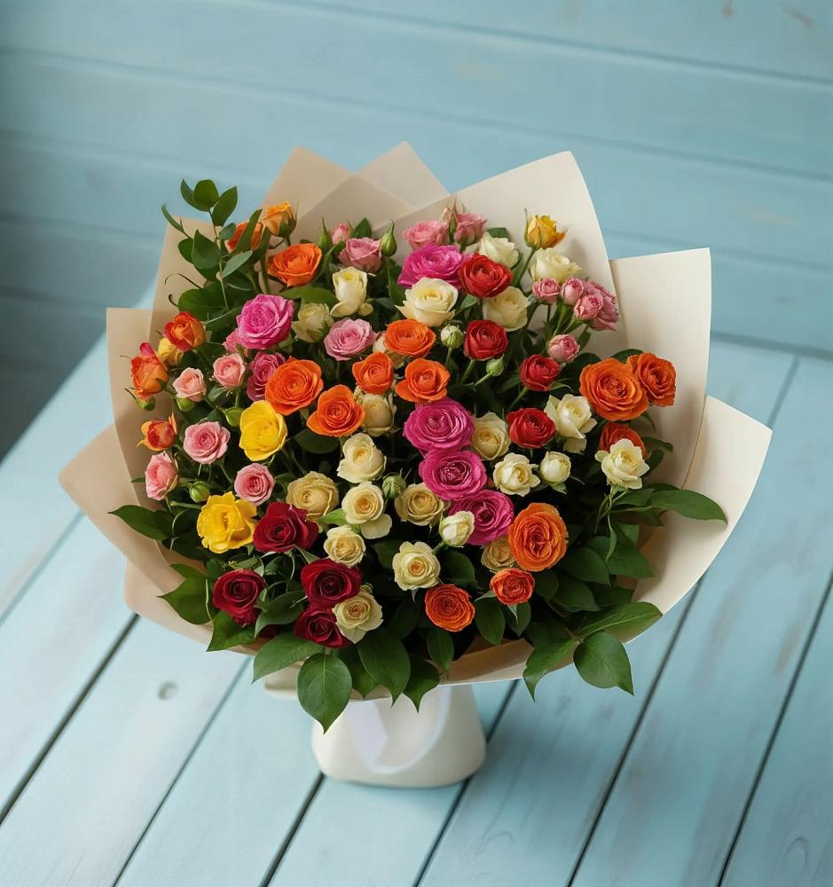 Букет Микс из разноцветных кустовых роз в Негомож